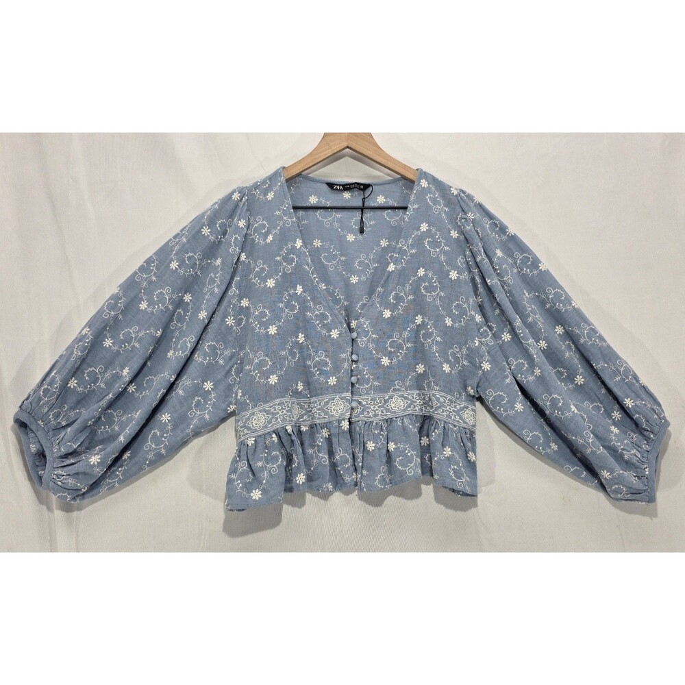 Zara Embroidered Cotton Linen Crop Blouse Balloon Sleeve Ruffle XL Cottagecore